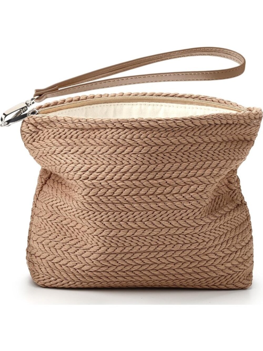 Boho Woven Makeup Bag with Detachable Handle - Canvas Zipper Pouch for Travel
